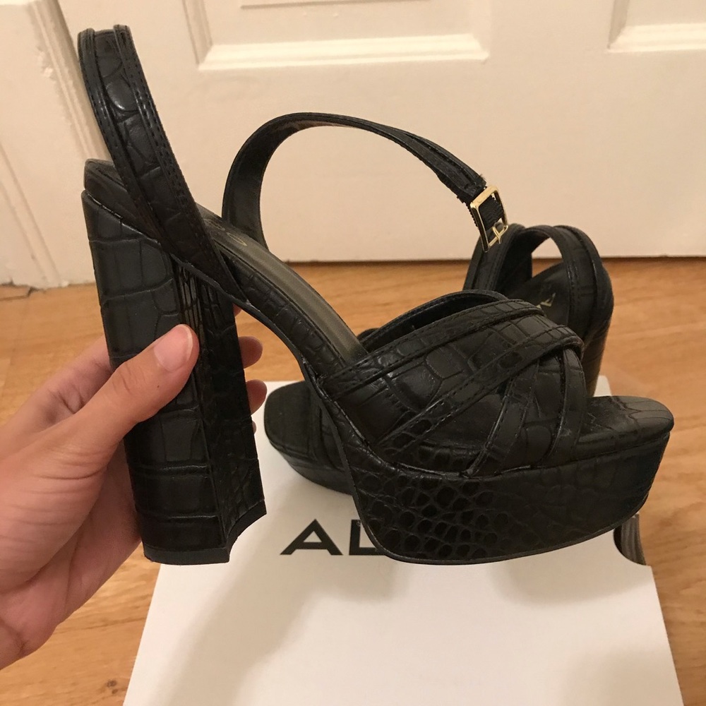 Aldo black high heel block sandal, size 7.5